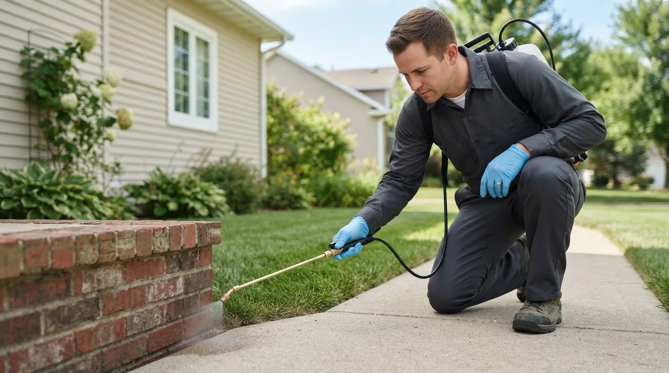 Pest control technician treating a home near Vandalia, IL